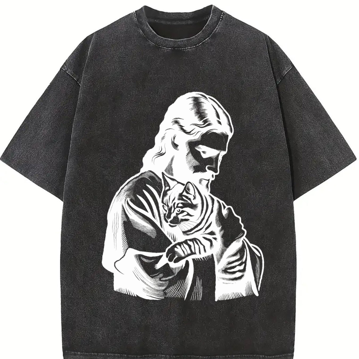 Retro Religious Jesus Hugs Cat Christ Vintage Washed T-Shirt in Black