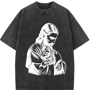 Retro Religious Jesus Hugs Cat Christ Vintage Washed T-Shirt in Black