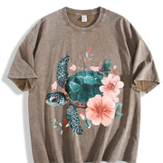 Floral Turtle & Peach Blossom Vintage Washed T-Shirt in Brown