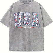 Floral USA America Vintage Washed T-Shirt in Gray