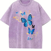 Elegant Blue Butterfly for Nature Enthusiasts vintage washed oversized T-shirt in Purple