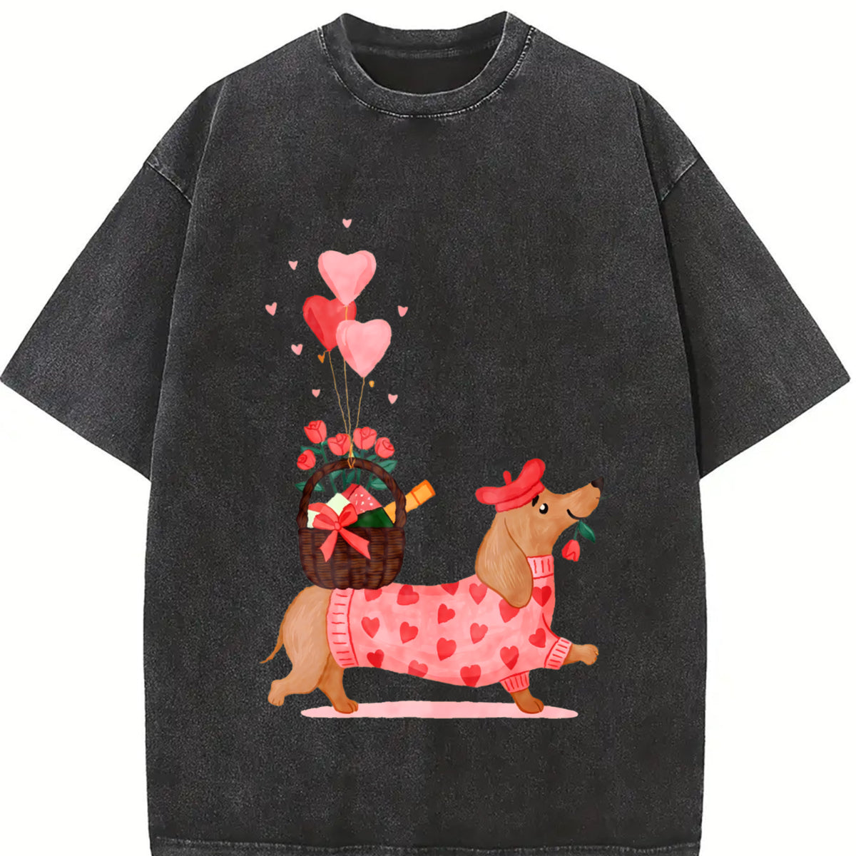 Valentine's Day Spring/ Dachshund Delivering Flowers Vintage Washed T-Shirt in Black