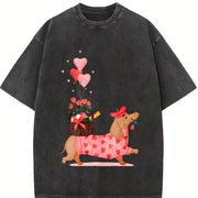 Valentine's Day Spring/ Dachshund Delivering Flowers Vintage Washed T-Shirt in Black