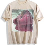 Woman in a Pink Coat in the Snow Vintage Washed T-Shirt in Beige