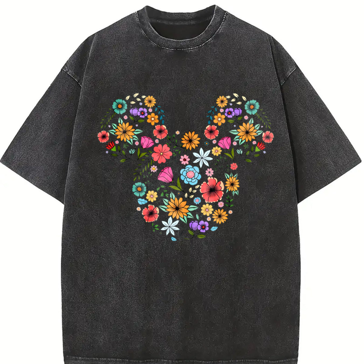 Floral Mouse Head Whimsical Ears Vintage Washed T-Shirt in Black