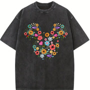 Floral Mouse Head Whimsical Ears Vintage Washed T-Shirt in Black