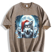 Retro Christmas Wolf Teenager Vintage Washed T-Shirt in Brown