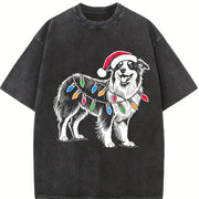 Australian Shepherd Christmas Vintage Washed T-Shirt in Black