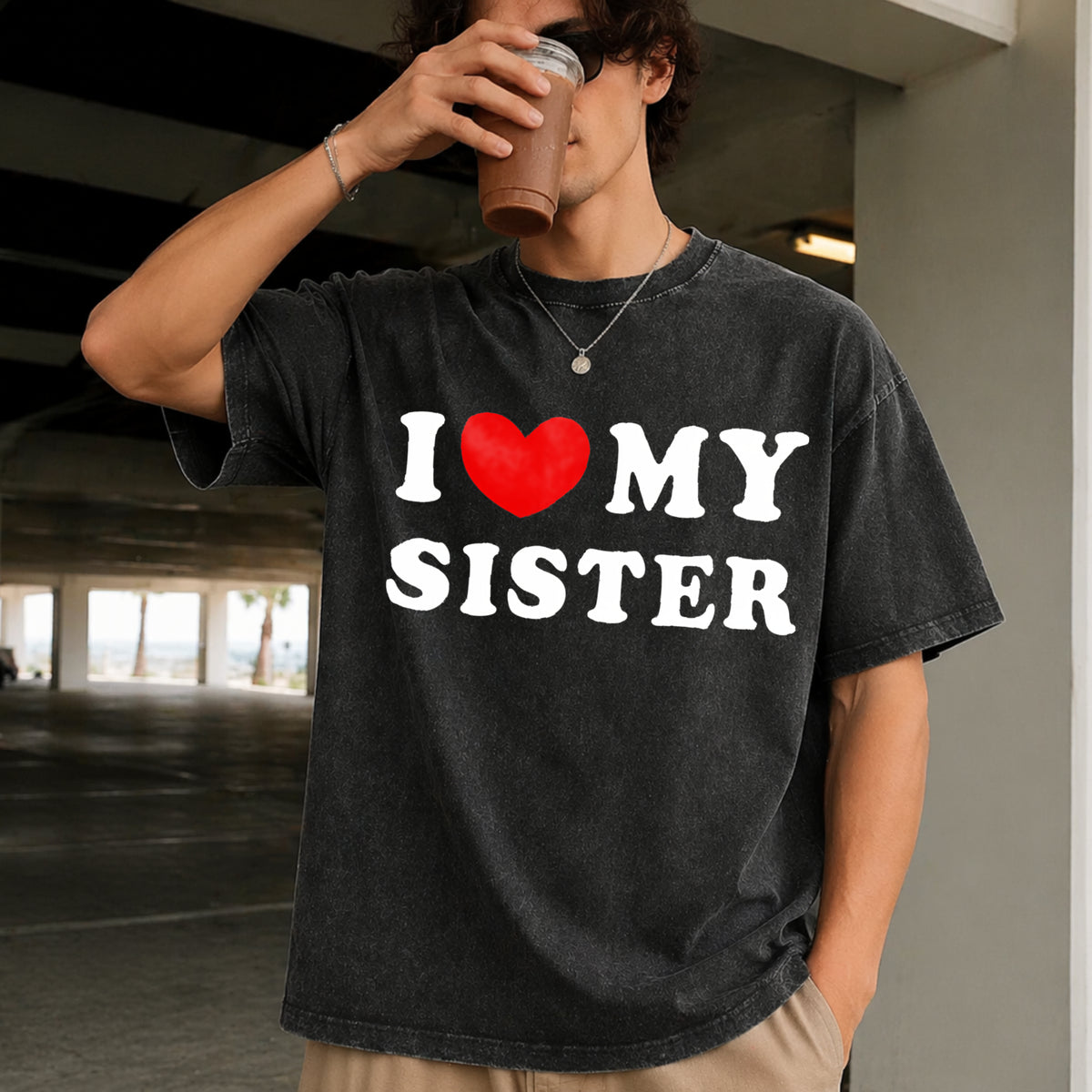 I Love My Sister Vintage Washed T-Shirt in Black