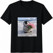 Baby Penguin Holding Flowers Cotton T-Shirt in Black