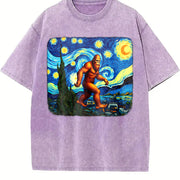 Retro Bigfoot on Starry Night 90s Vintage Washed T-Shirt in Purple