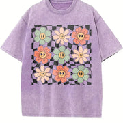 Retro Checkered Flower Vintage Washed T-Shirt in Purple