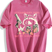 Cute Raccoon with Strawberry Jams and PewPew Protection Vintage Washed T-Shirt in Red
