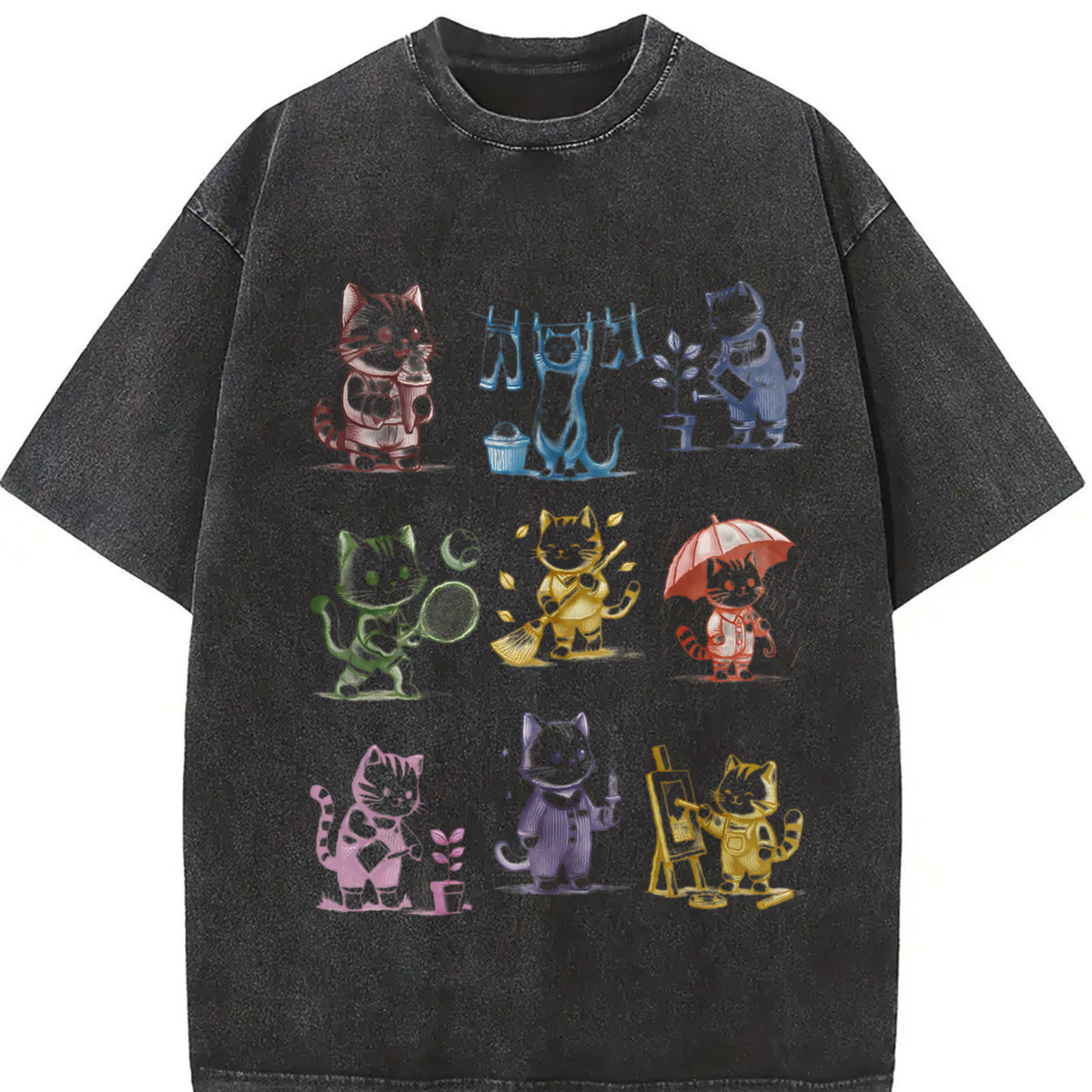 Cat 90s Tattoo Retro Kitten Cute Vintage Washed T-Shirt in Black