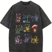 Cat 90s Tattoo Retro Kitten Cute Vintage Washed T-Shirt in Black