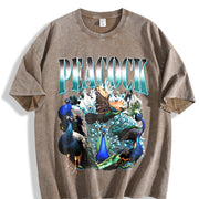 Peacock Retro Bird Lover Vintage Washed T-Shirt in Brown