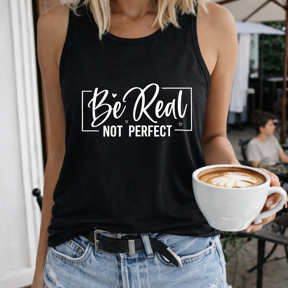 Be Real Not Perfect Women's Color Cotton Tank Top in Black