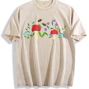 Mushroom Floral Garden Fairy Embroidered Vintage Washed T-Shirt in Beige