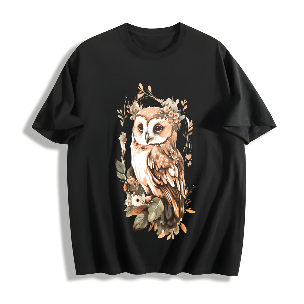 Green Leaf Owl Fashionable Elegant Cotton T-Shirt in Black