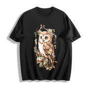 Green Leaf Owl Fashionable Elegant Cotton T-Shirt in Black