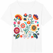 Colorful Folk Flowers Cotton T-Shirt in White