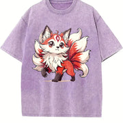 A Red and White Nine-tailed Fox Round-neck Short-sleeve Vintage Washed T-Shirt in Purple