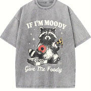 Retro Raccoon If I'm Moody Give Me Foody Vintage Washed T-Shirt in Gray