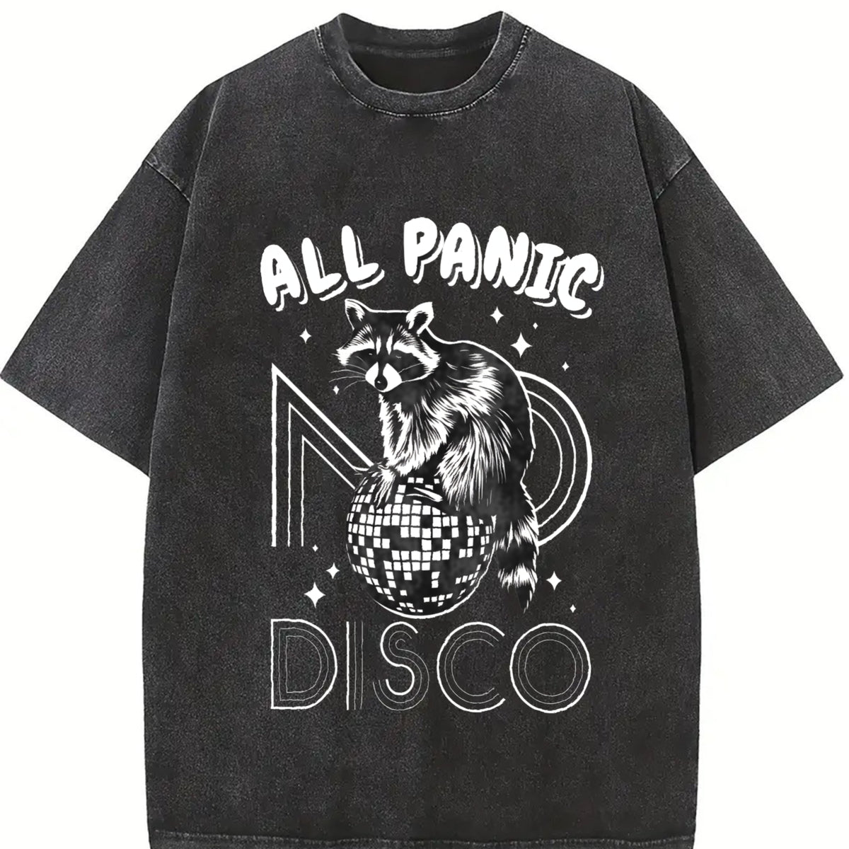 Retro Raccoon All Panic No Disco 90s Vintage Washed T-Shirt in Black