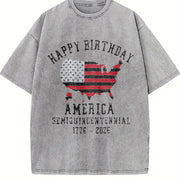 Patriotic Happy Birthday America Vintage Washed T-Shirt in Gray