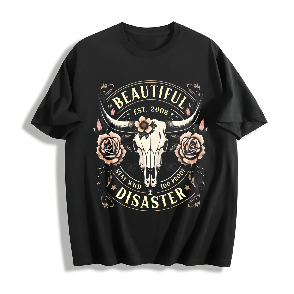 Western Cowboy Black with Bull Skull & Floral Cotton T-Shirt in Black