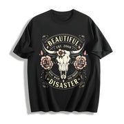 Western Cowboy Black with Bull Skull & Floral Cotton T-Shirt in Black