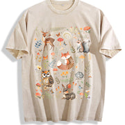 With Forest Animals and Flowers Vintage Washed T-Shirt in Beige