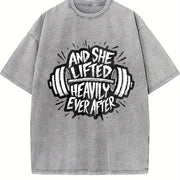 And She Lifted Heavily Ever After Barbell Motivation Vintage Washed T-Shirt in Gray
