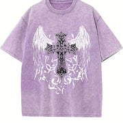 Gothic Lover + Ornate Angel Wing Cross + Sand- Feel + + Vintage Washed T-Shirt in Purple