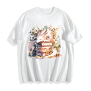 Animal Series: White Dragon Lying on Books with Floral. Cotton T-Shirt in White