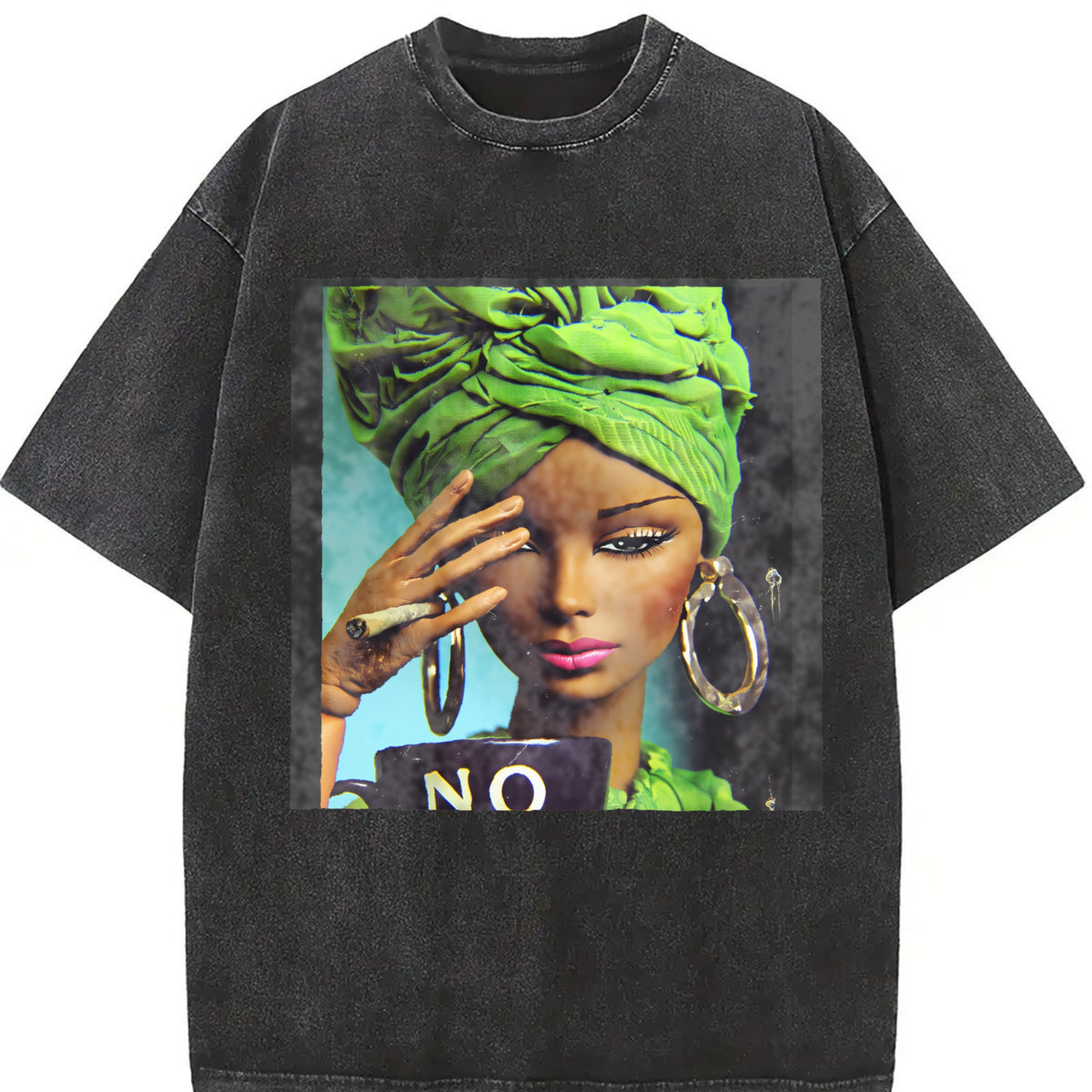 No Mug Headwrap Glam Doll Vintage Washed T-Shirt in Black