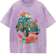 Turquoise Floral Breathable Blouse for Daily and Party vintage washed oversized T-shirt in Purple