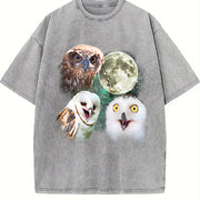 Three Owls Retro Silly Owl Moon Vintage Washed T-Shirt in Gray