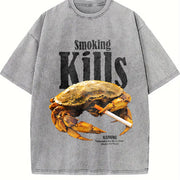 Retro Smoking Kills Crab Vintage Washed T-Shirt in Gray