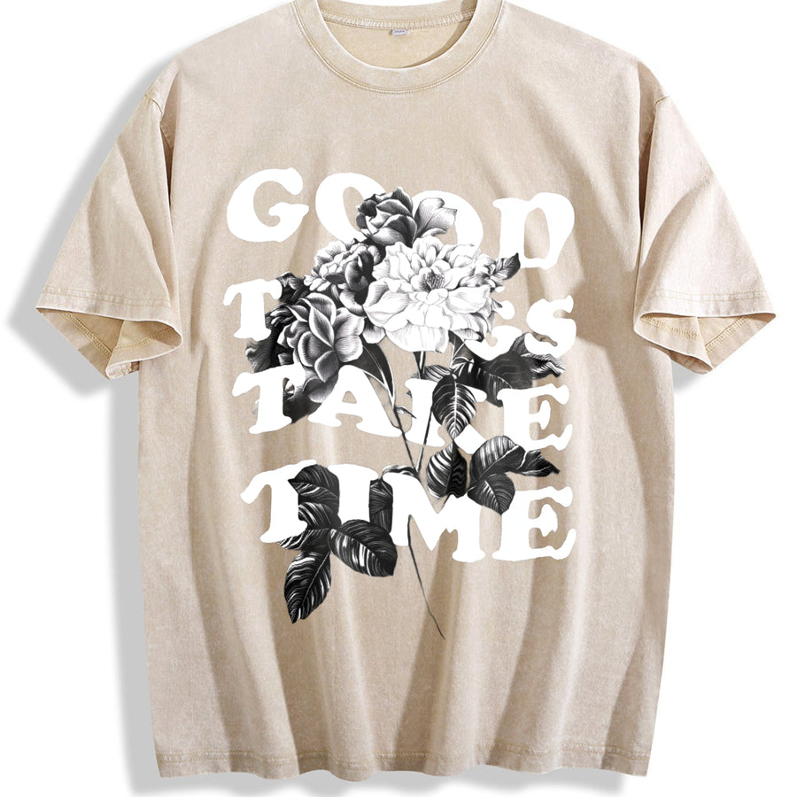 1 Pcs Heavy Adorable Vintage Washed T-Shirt in Beige