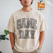Checkered Game Day Vintage Washed T-Shirt in Beige