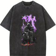Medieval Knight Dark Fantasy Lightning Warrior Gothic Vintage Washed T-Shirt in Black