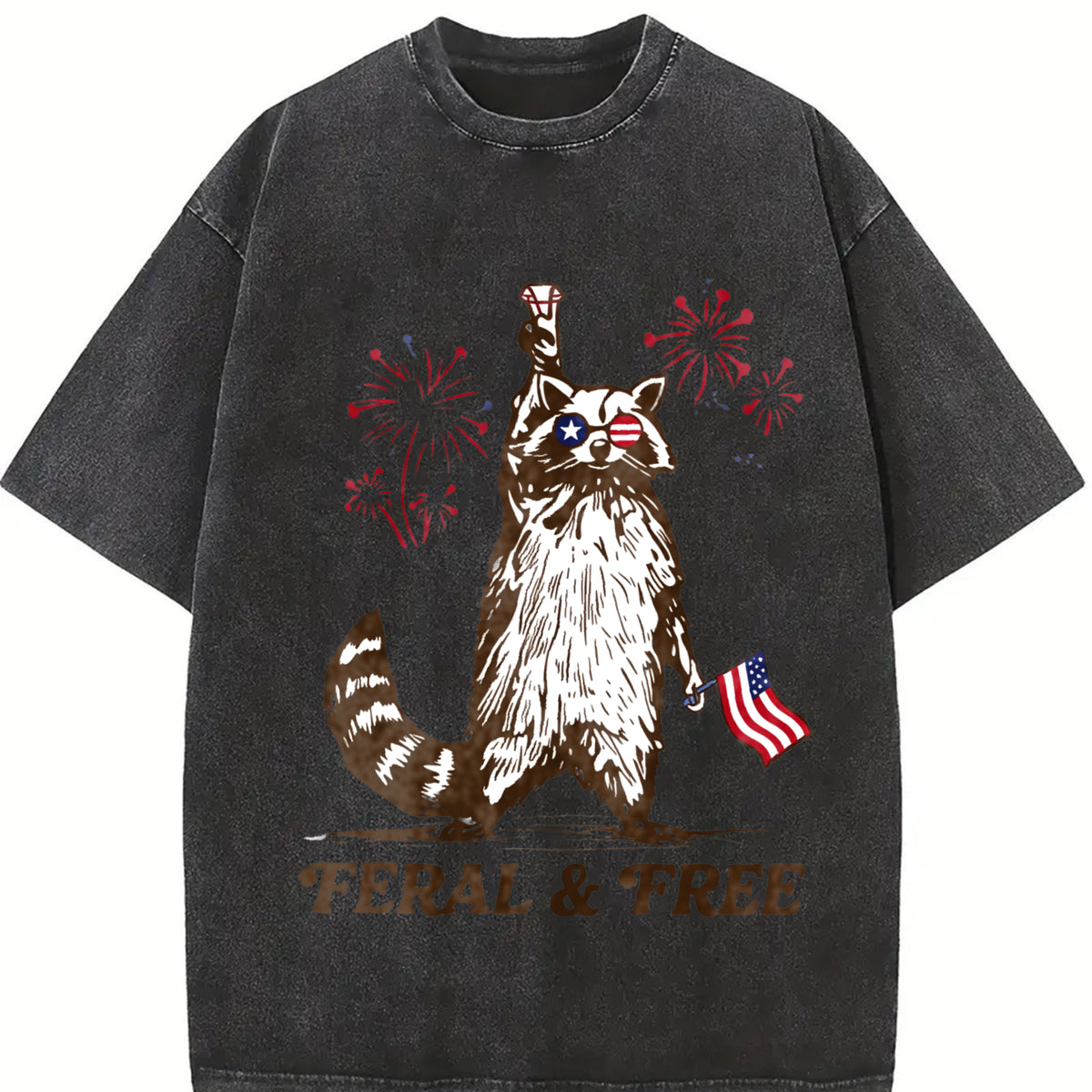 And. Pure Raccoon Flag and Firework Patterns Vintage Washed T-Shirt in Black