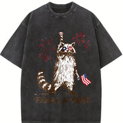 And. Pure Raccoon Flag and Firework Patterns Vintage Washed T-Shirt in Black