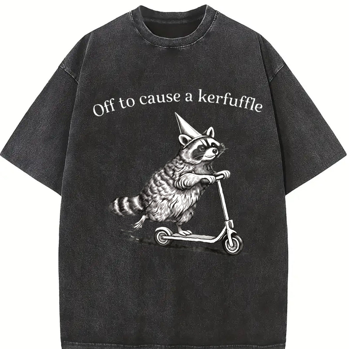 Off To Cause A Kerfuffle Racoon Scooter Adult Humor vintage washed oversized T-shirt in Black