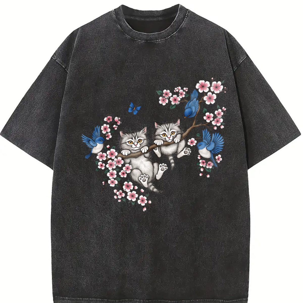 Kitten Cute Cats & Bluebirds Floral Vintage Washed T-Shirt in Black