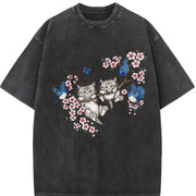Kitten Cute Cats & Bluebirds Floral Vintage Washed T-Shirt in Black