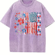 Floral American Flag Vintage Washed T-Shirt in Purple