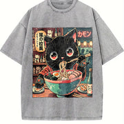 Urban Explorer and Grunge Vibe: Neko Ramen Cat Eating Vintage Washed T-Shirt in Gray