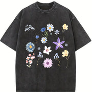 Blooms and Wild Flowers 90s Vintage Washed T-Shirt in Black